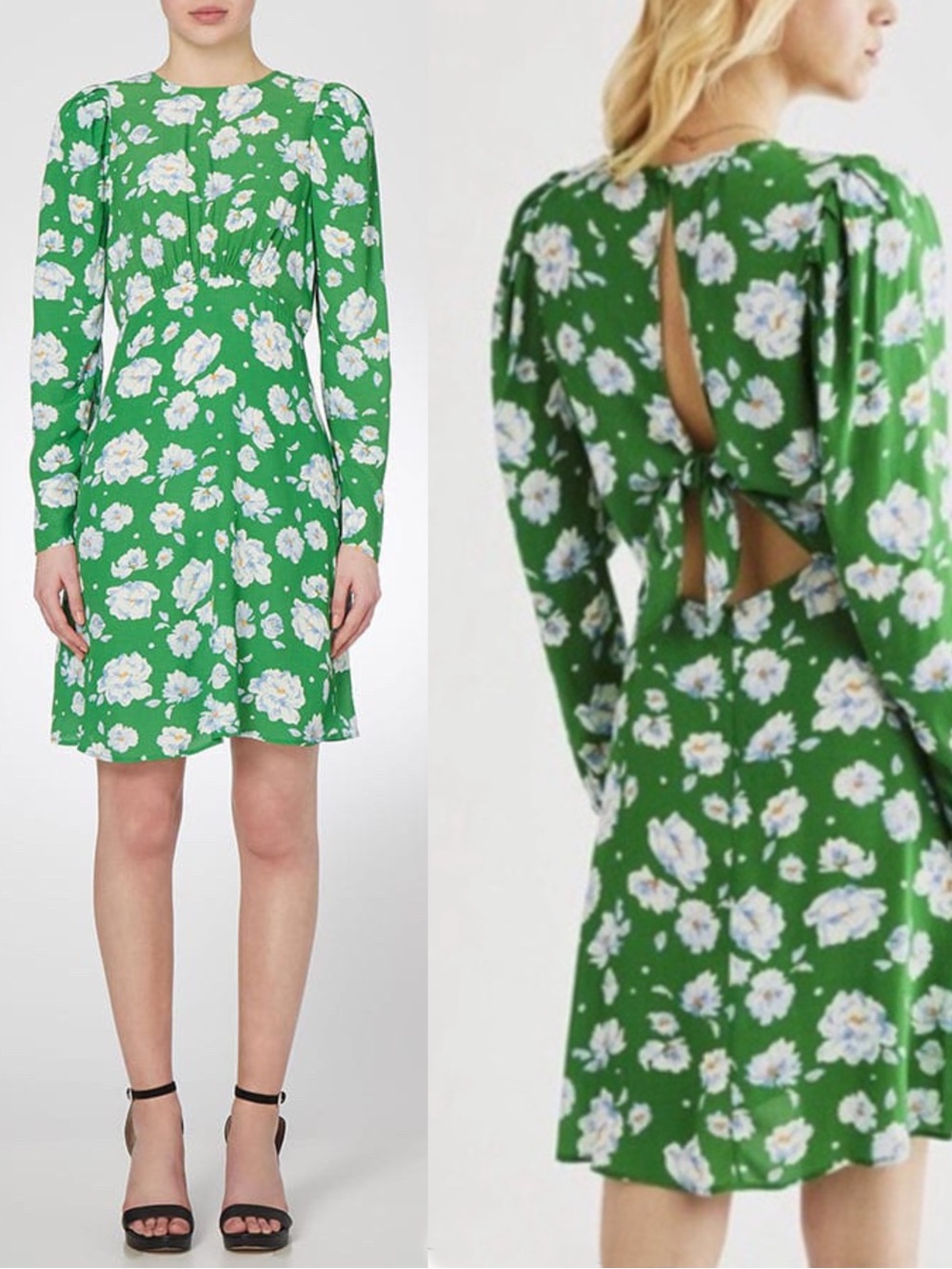 GHOST LONDON NWT Green White Long Sleeve Floral Printed Cut Out Tie Mini Dress